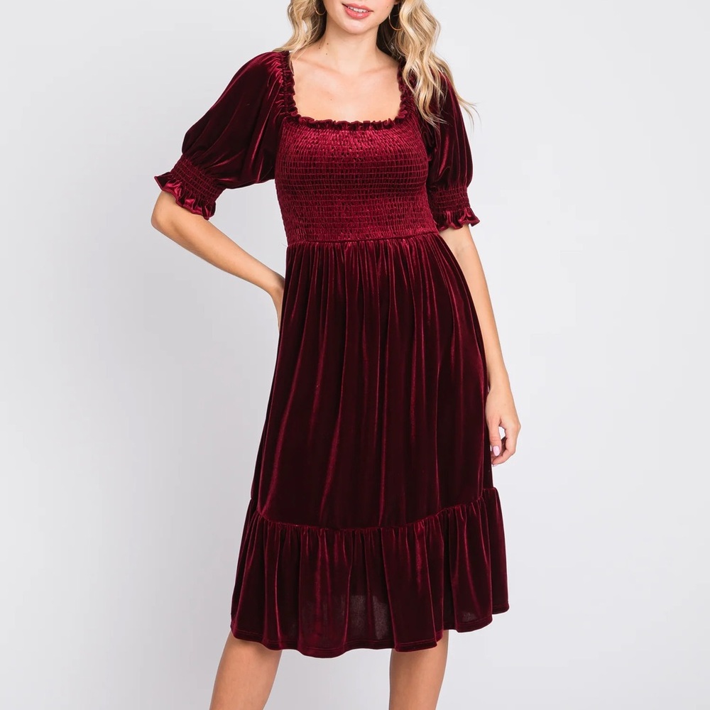 Baltic Born Vivaldi Smocked Midi Dress Maroon Velvet Whimsygoth